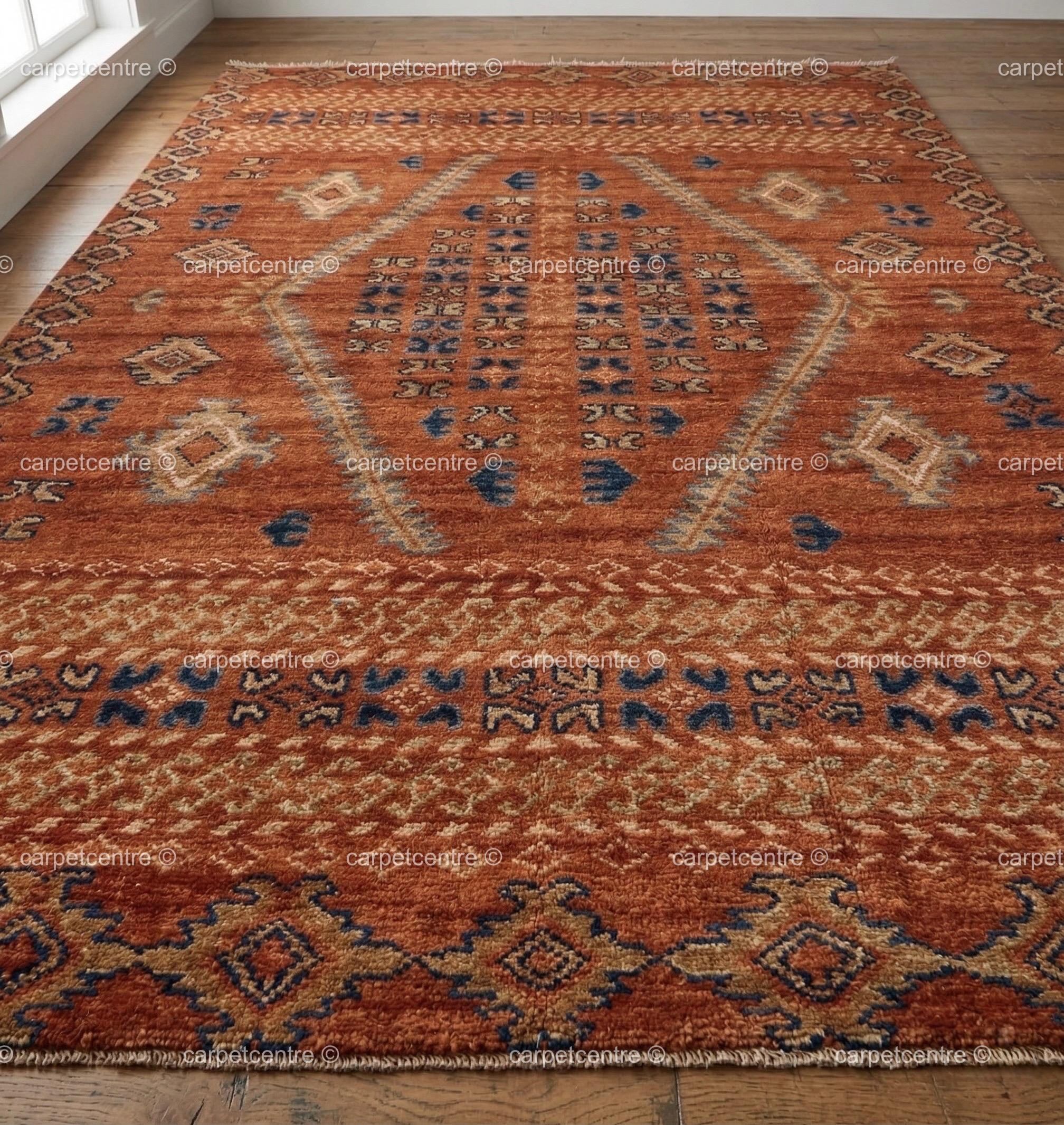 Hand-Knotted Wool Oushak Rug: Terracotta, Rust, Blue Geometric Medallion Area Rug