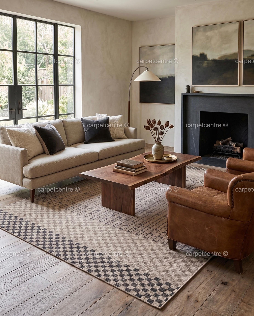 Neutral Geometric Oushak Rug | Beige Charcoal Checkered Wool Carpet