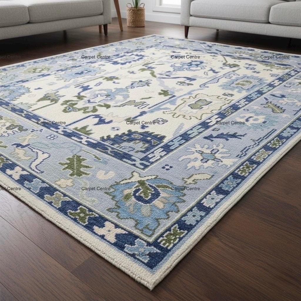 Hand-Knotted Wool Area Rug: Ivory & Blue Oushak Medallion Design