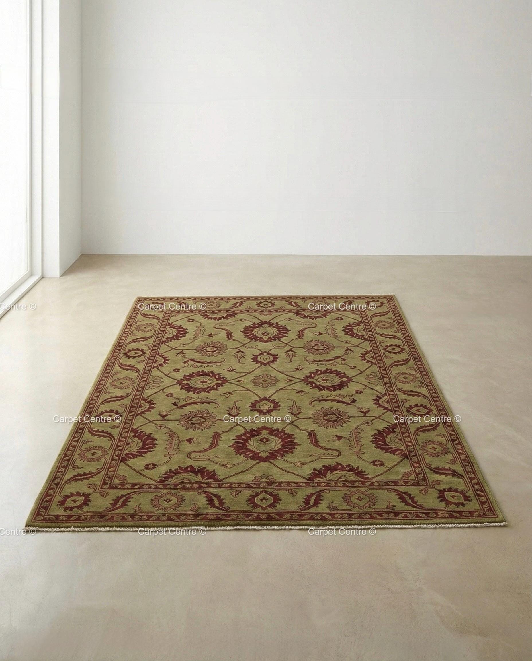 Hand-Knotted Wool Oushak Rug, Sage Green Floral, Arts & Crafts Style
