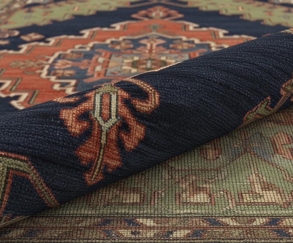 Hand-Knotted Oushak Wool Rug | Navy Blue Sage Green Geometric Medallion Living Room 8x10 9x12