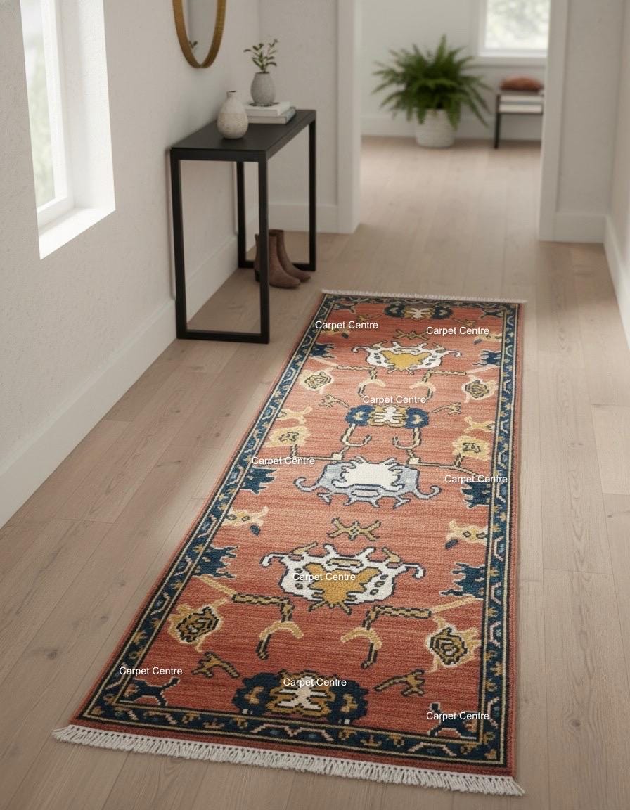 Hand-Knotted Wool Runner Rug, Terracotta Oushak Style, Teal Border