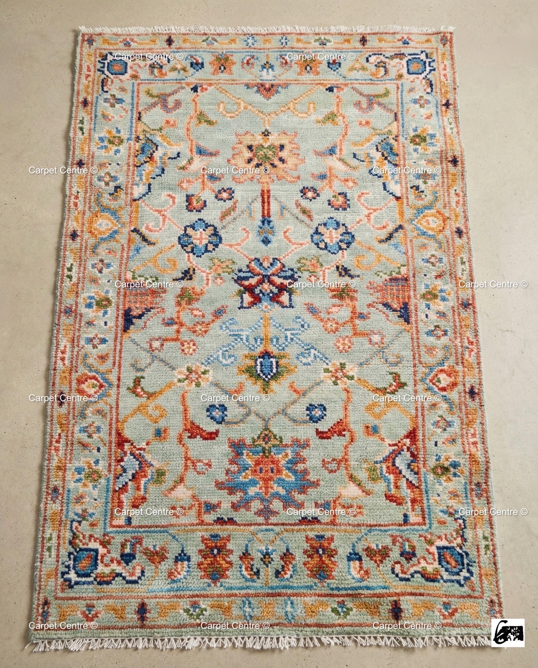 Handmade Light Blue Oushak Rug, Wool Tree of Life Design