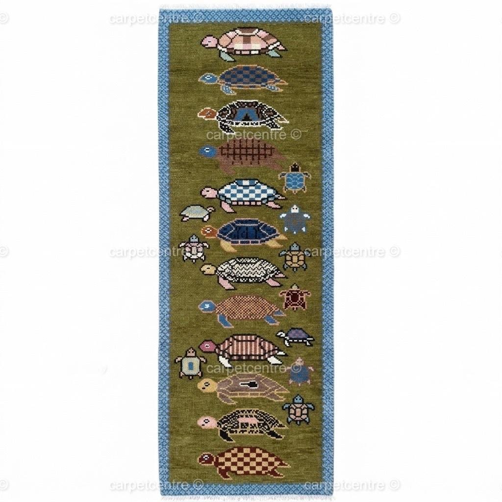 Hand Knotted Turtle Runner Rug, New Zealand Wool Oushak Style Carpet