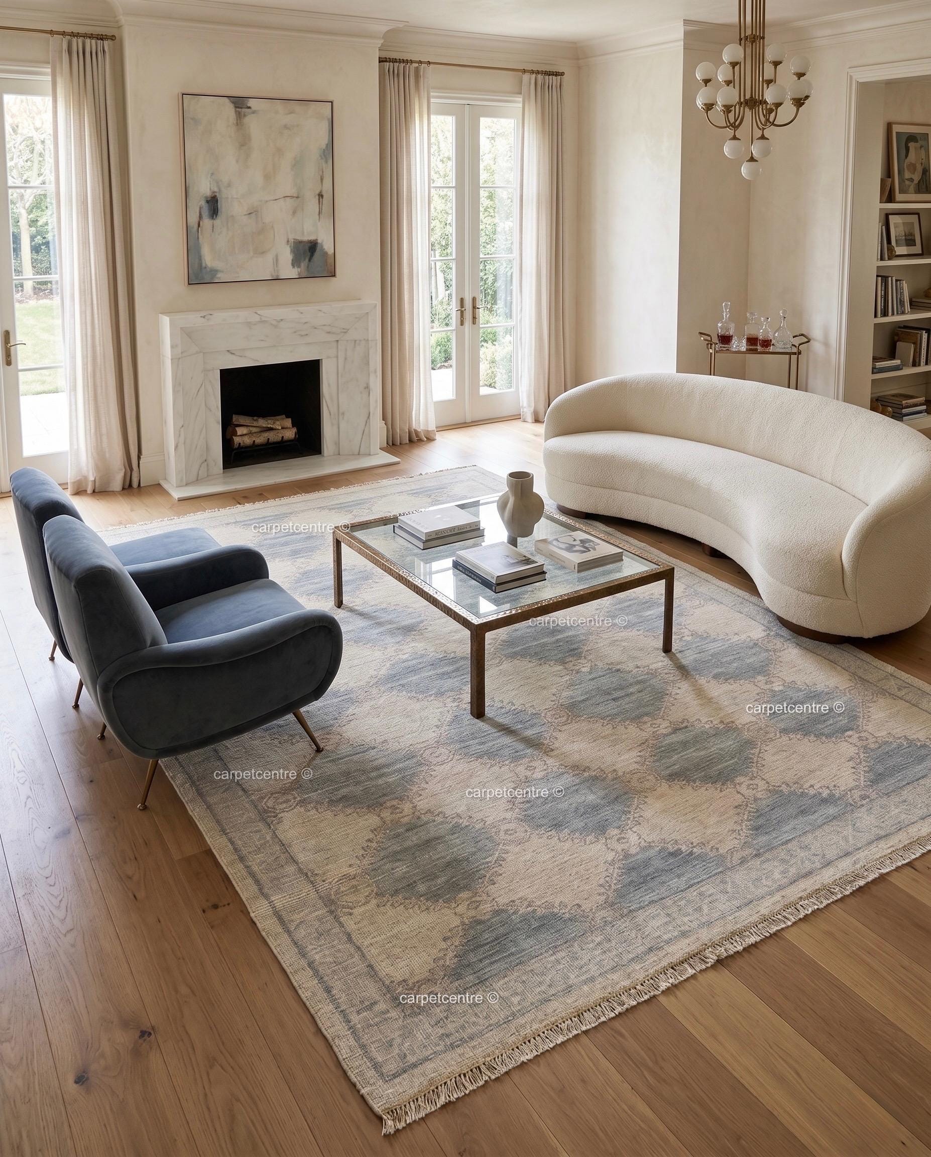 Muted Blue Oushak Rug, Hand-Knotted Wool Geometric Diamond Area Rug