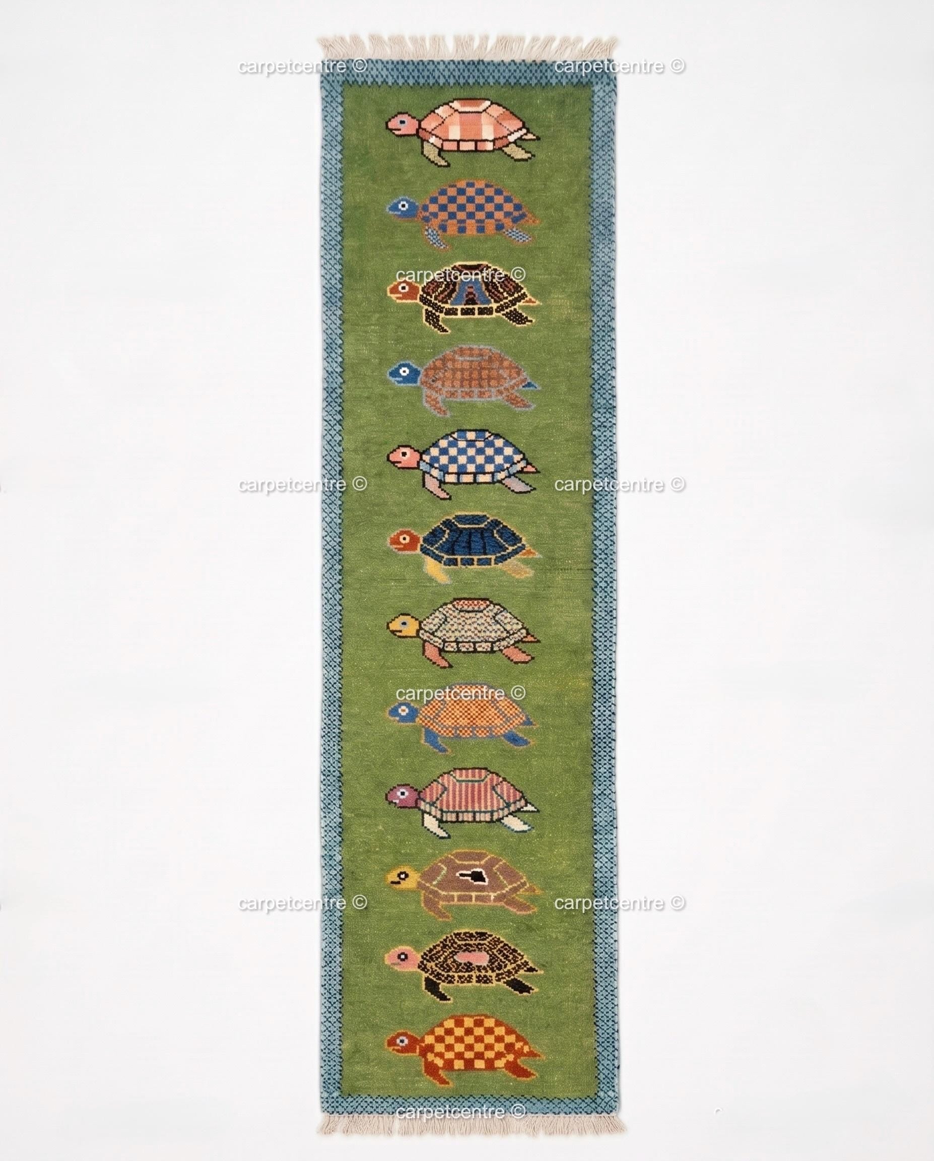 Handmade Wool Turtle Runner Rug – Colorful Tortoise Design Hallway Carpet