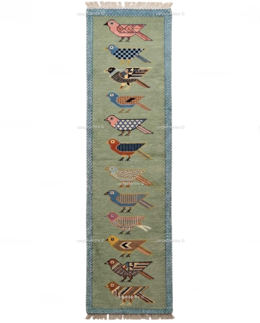 Handmade Wool Runner Rug Folk Art Bird Design, Green Carpet, Hallway-Entryway-Kitchen-Bathroom Runner