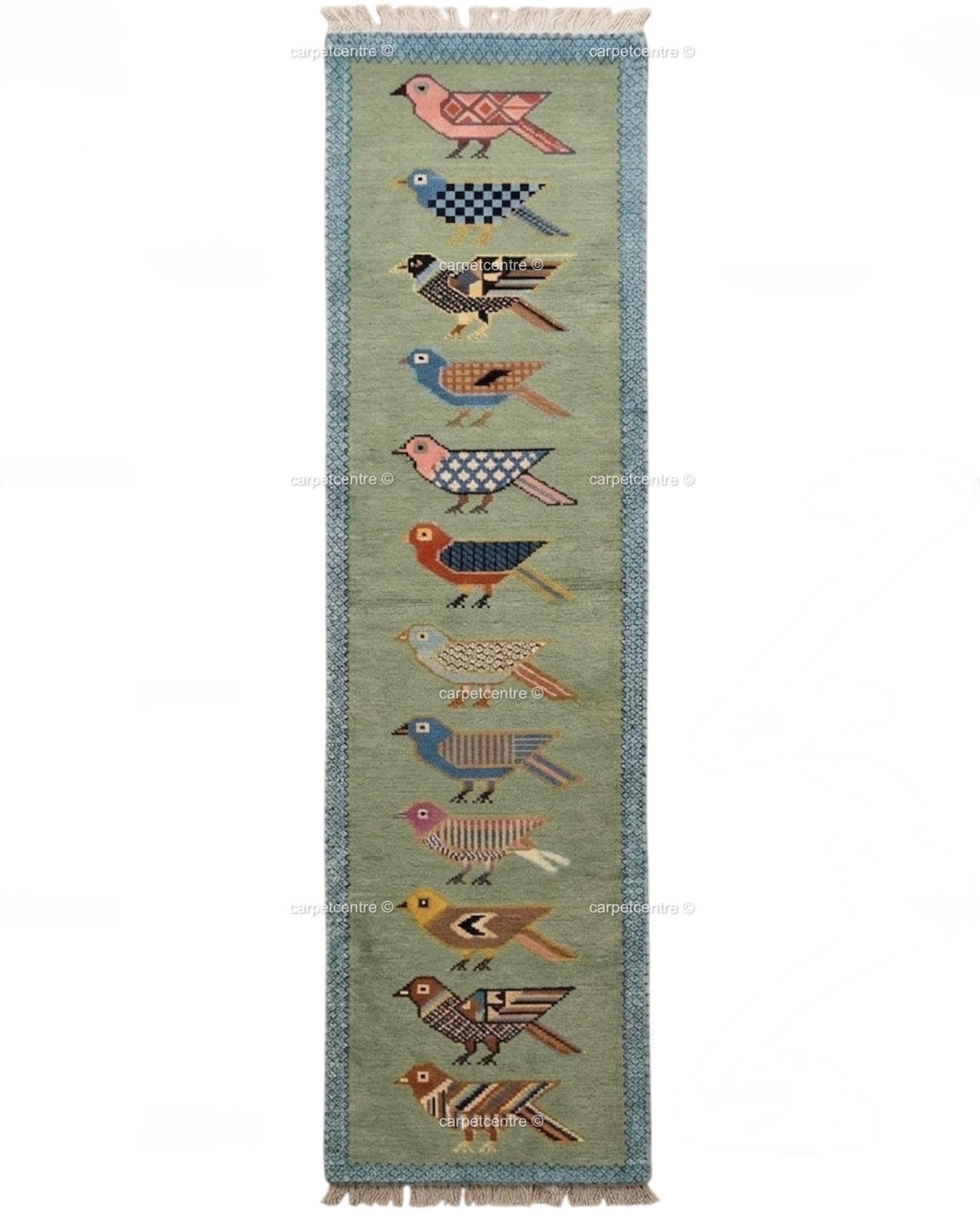 Handmade Wool Runner Rug Folk Art Bird Design, Green Carpet, Hallway-Entryway-Kitchen-Bathroom Runner