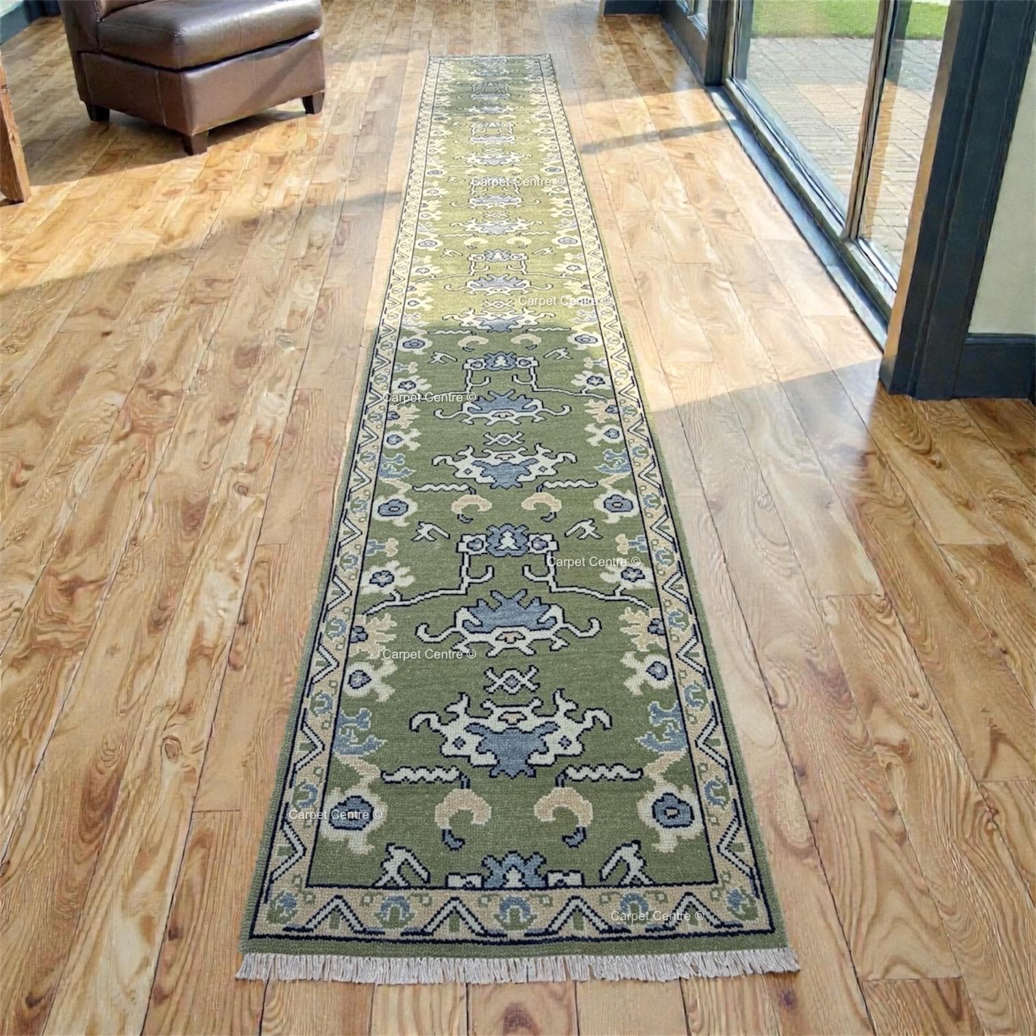 Olive Green Hand Knotted Oushak Wool Runner Rug Turkish Vintage Hallway Entryway Rug