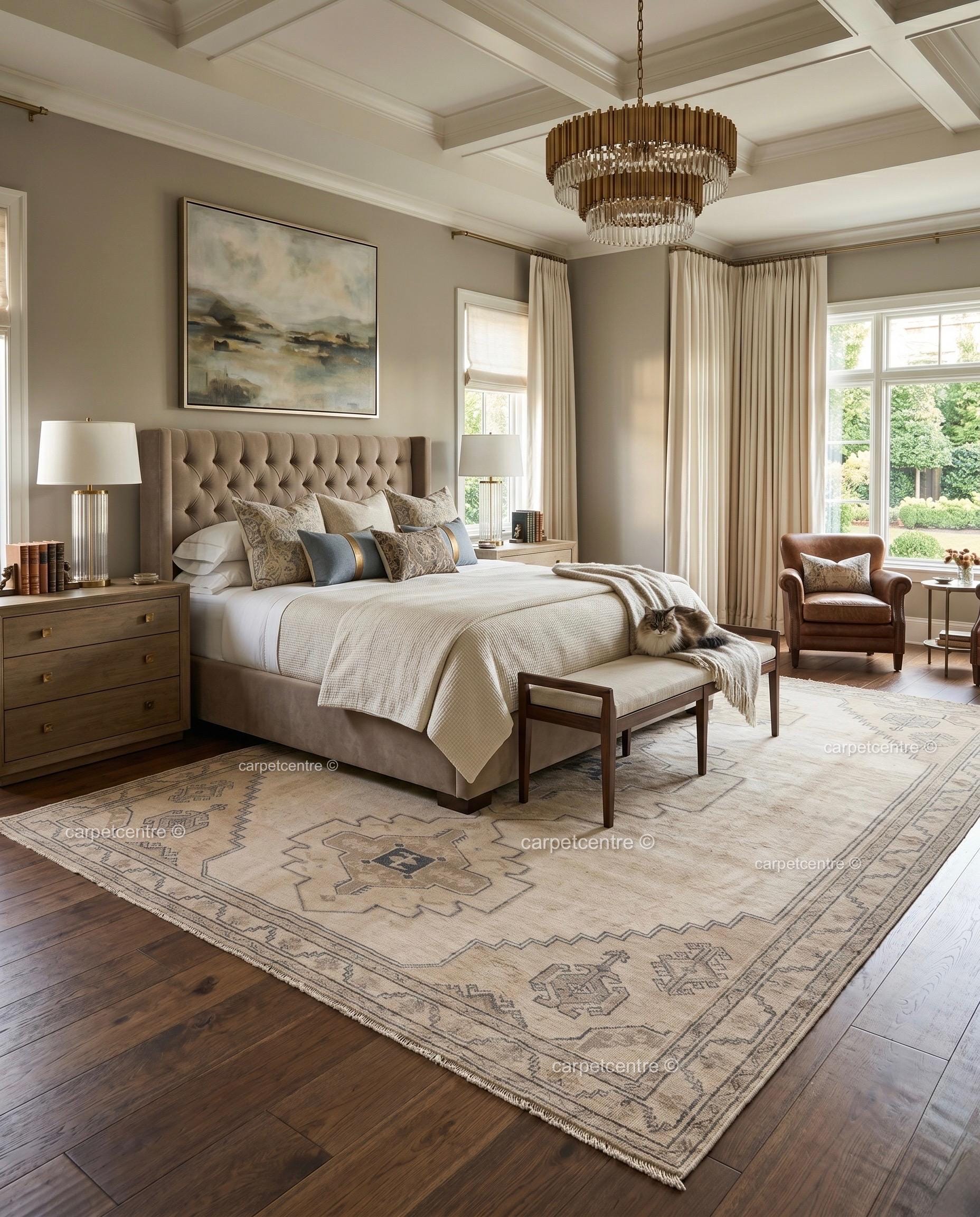 Hand-Knotted Wool Oushak Rug | Beige Tribal Geometric Medallion Living Room