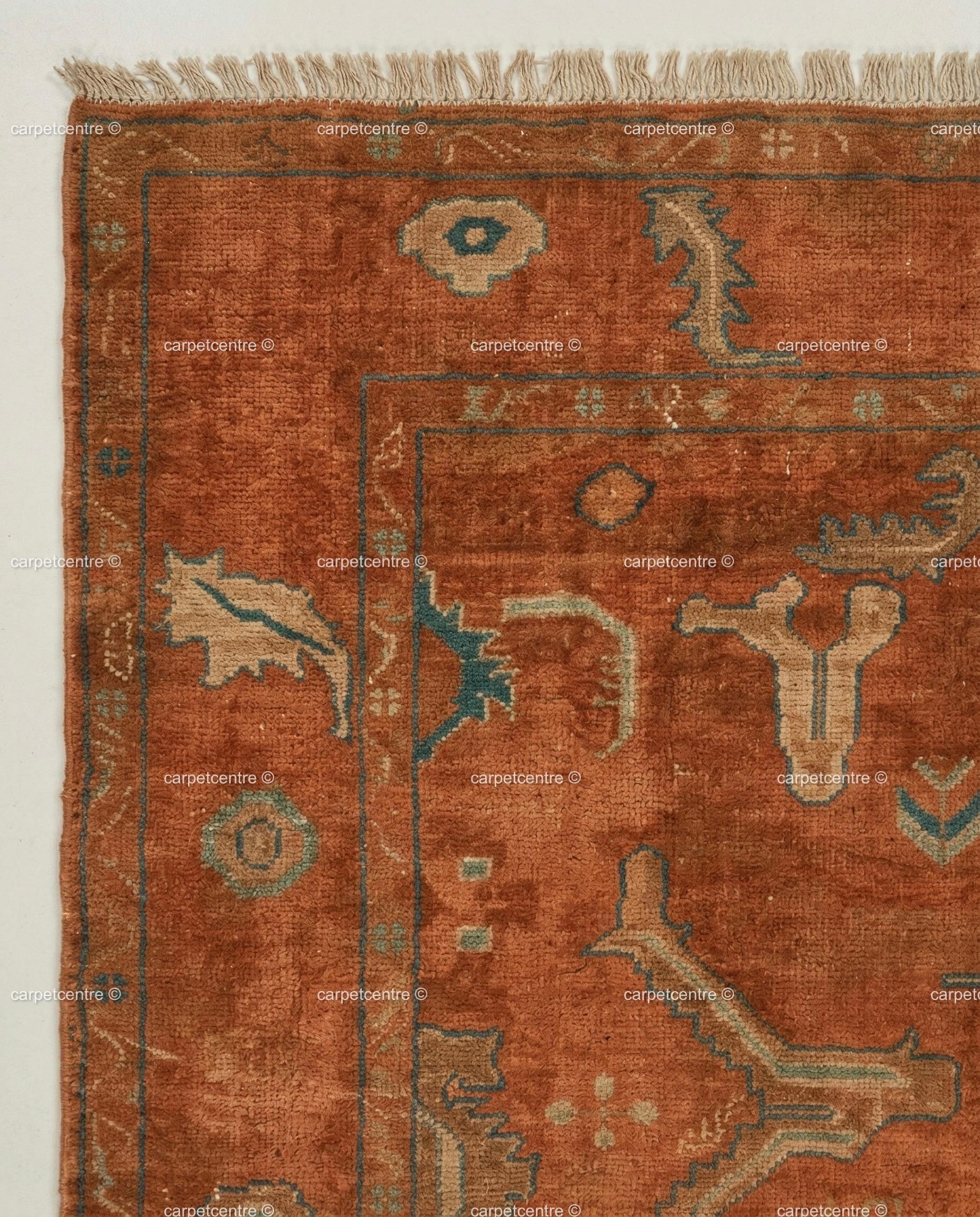 Hand Knotted Terracotta Oushak Rug, Geometric Wool Area Carpet, Boho Living Room Home Decor