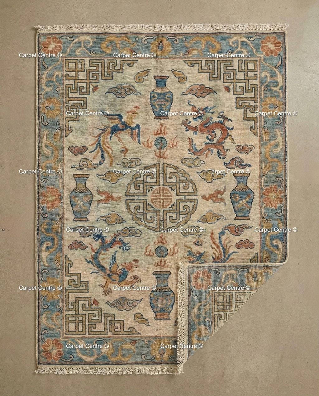 Hand Knotted Wool Rug, Beige Chinoiserie Dragon Phoenix Motif