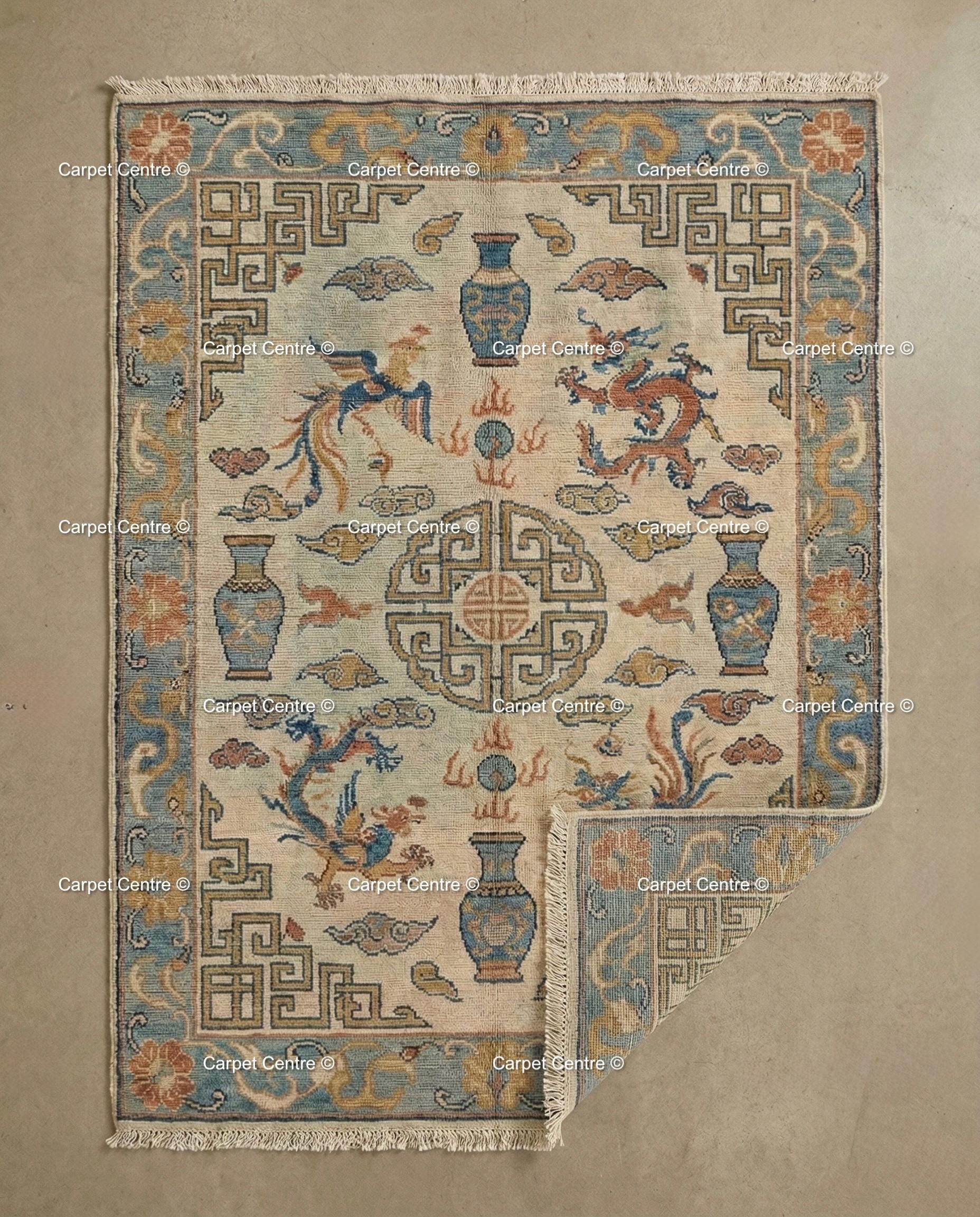 Hand Knotted Wool Rug, Beige Chinoiserie Dragon Phoenix Motif