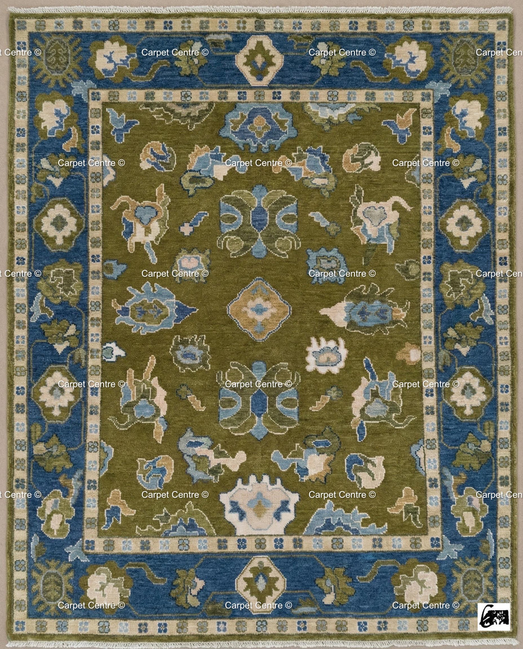 Hand Knotted Wool Oushak Rug, Olive Green, Navy Border