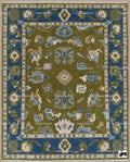 Hand Knotted Wool Oushak Rug, Olive Green, Navy Border