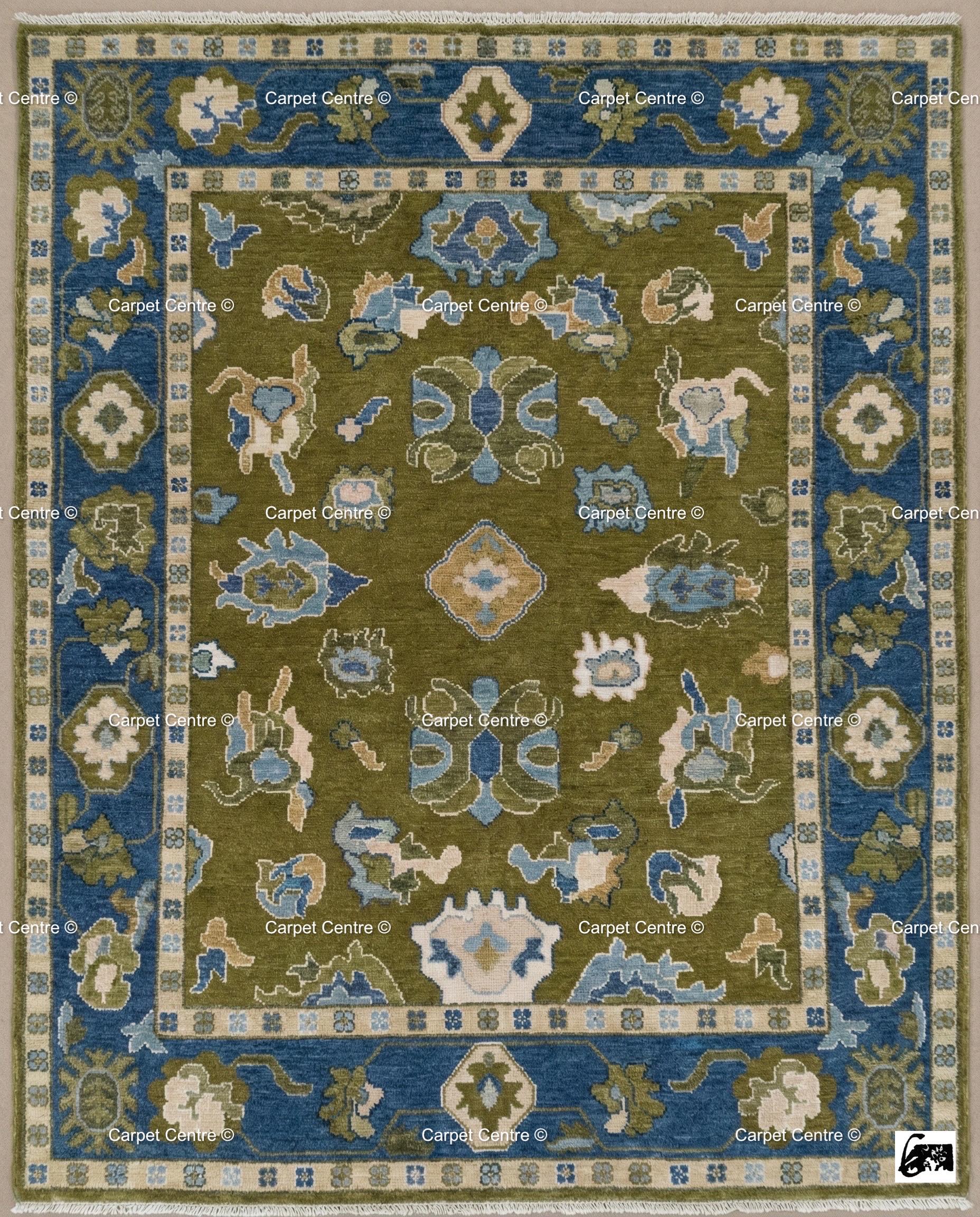 Hand Knotted Wool Oushak Rug, Olive Green, Navy Border