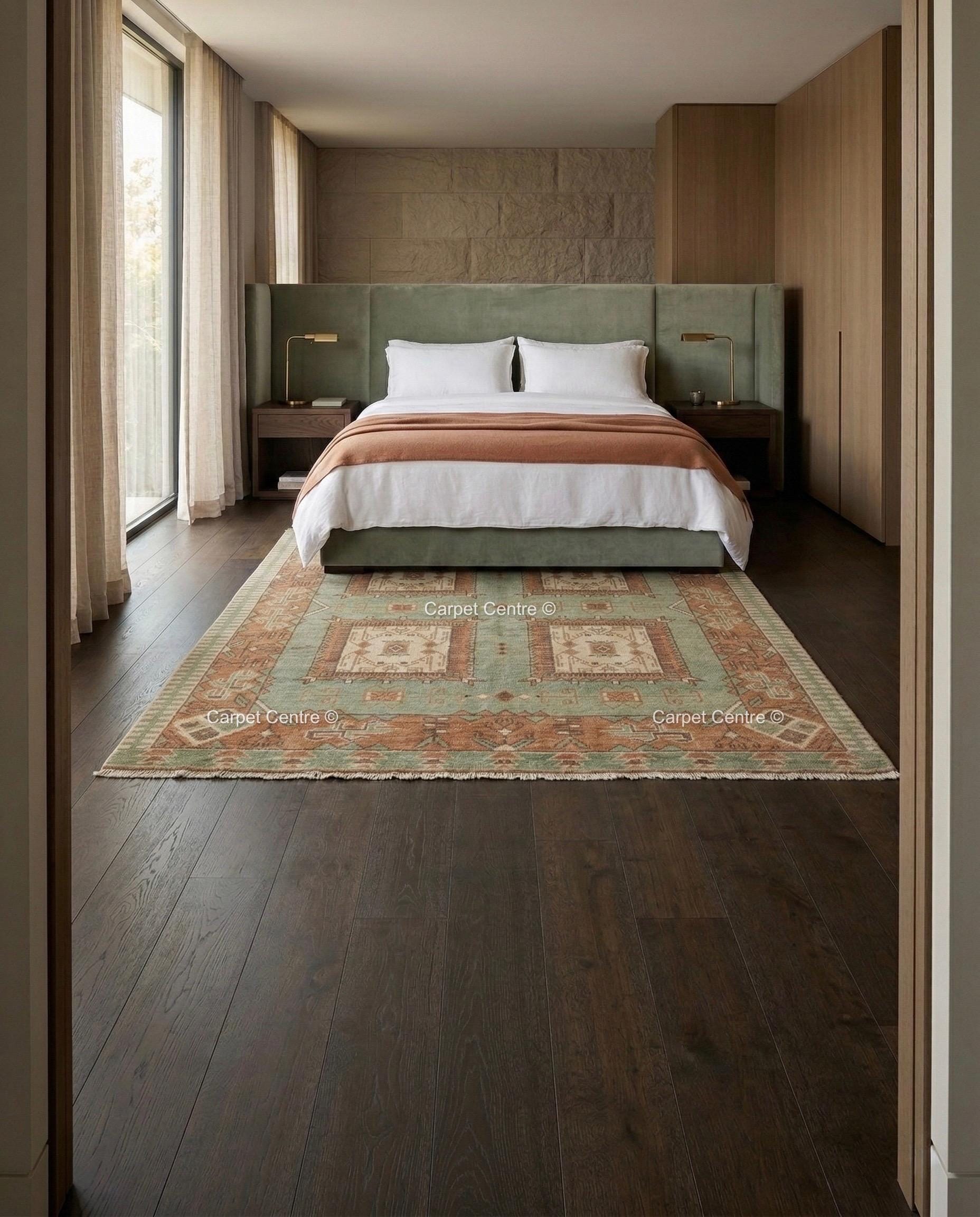 Sage Green Oushak Hand Knotted Wool Rug, Southwestern Geometric Medallion Area Rug