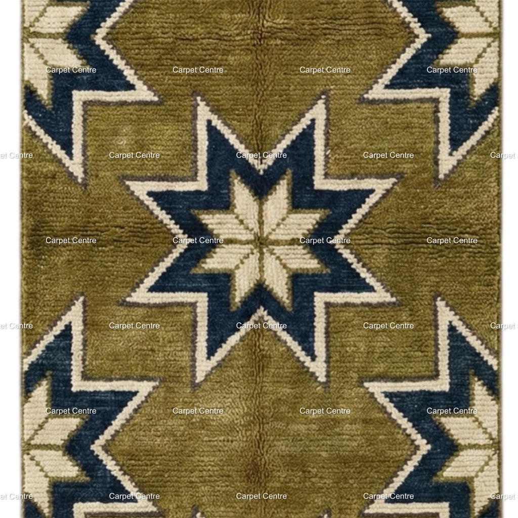 Olive Green Wool Runner Rug, Turkish Knot Star Pattern