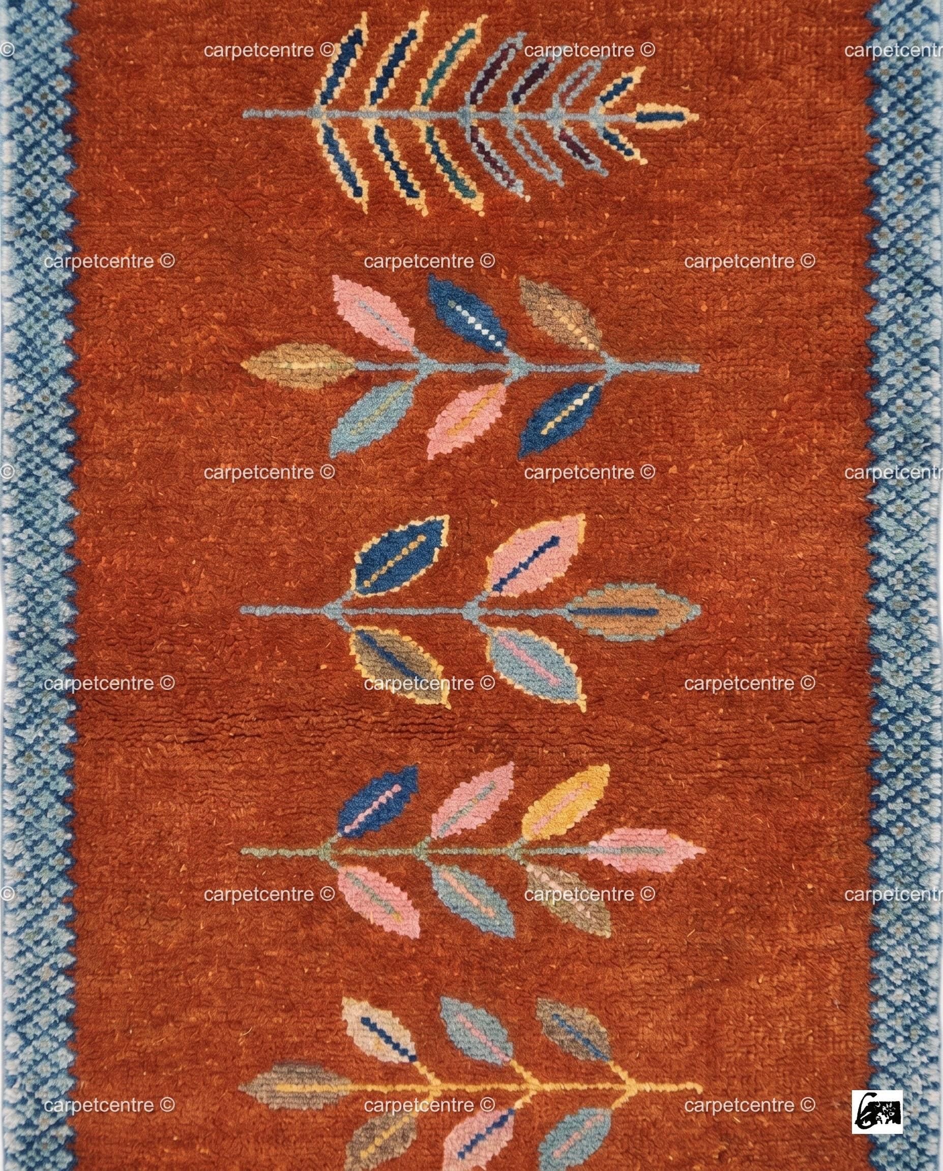 Botanical Leaf Runner Rug: Rust Orange Colorful Carpet Handmade Wool Area Rug