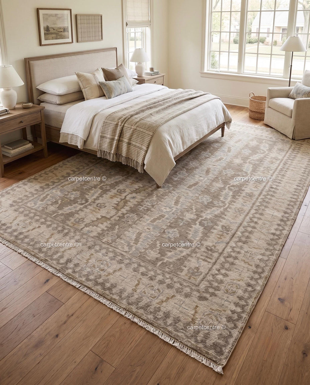 Hand Knotted Wool Oushak Rug, Neutral Beige Anatolian Carpet, Farmhouse Living Room Area Rug