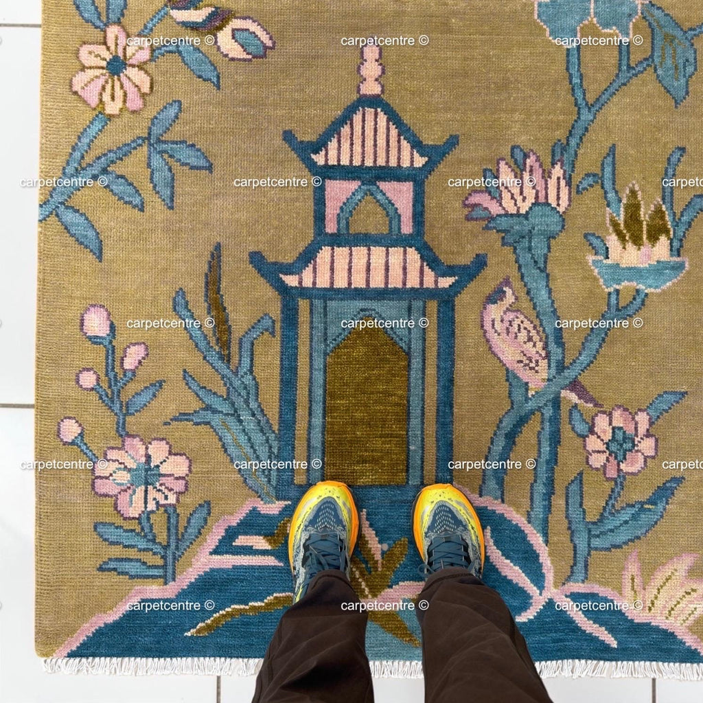 Olive Green Chinoiserie Wool Rug, Hand-Knotted Bird Pagoda Design