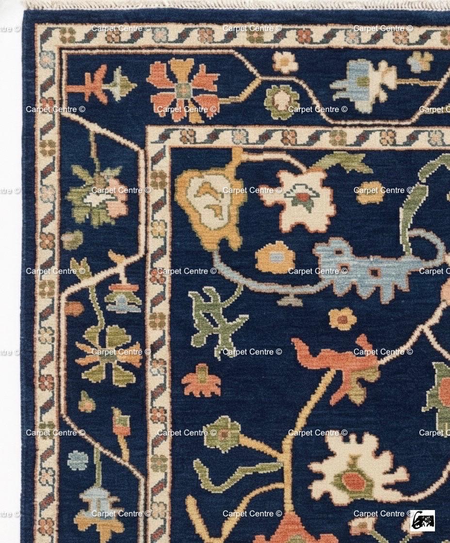 Navy Blue Wool Oushak Rug, Hand-Knotted Turkish Knot, William Morris Style