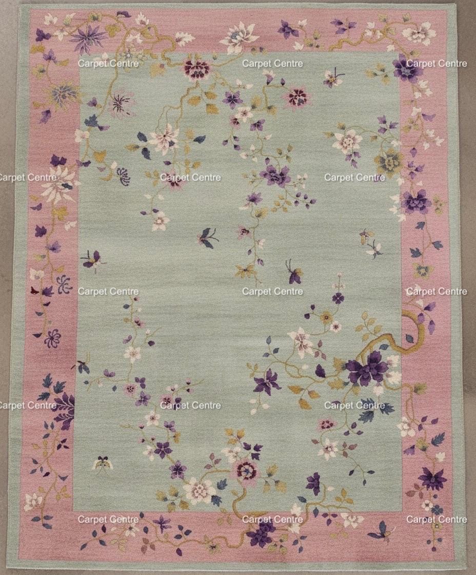 Hand-Knotted Oushak Wool Rug: Pastel Chinoiserie Floral Design
