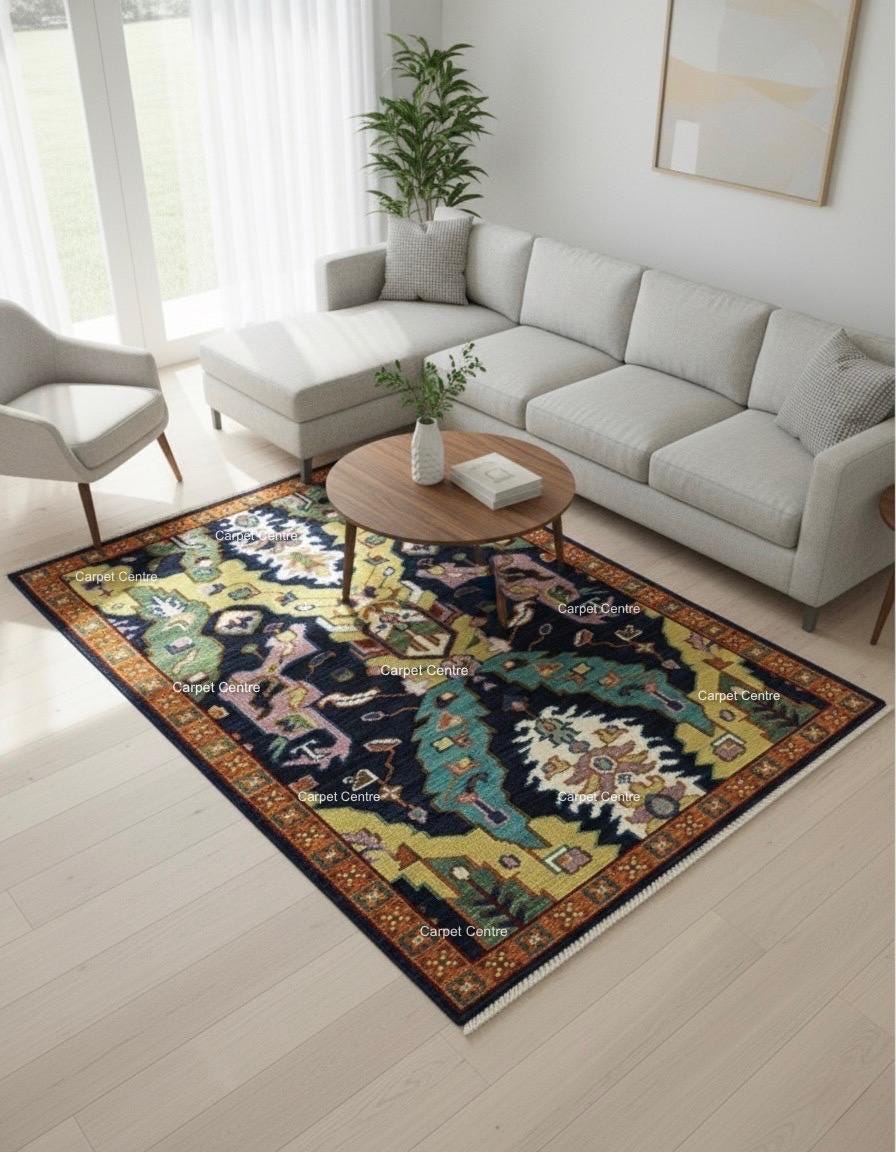 Navy Blue Oushak Rug, Hand-Knotted Wool, Geometric Boho Rug