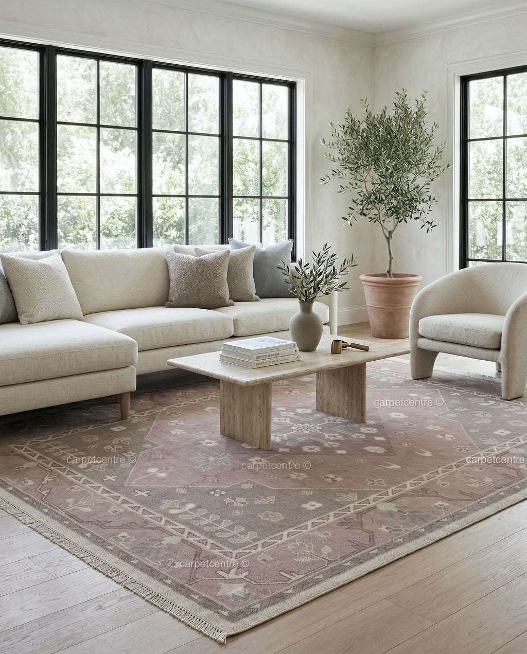 Hand Knotted Dusty Rose Oushak Rug, New Zealand Wool Area Rug