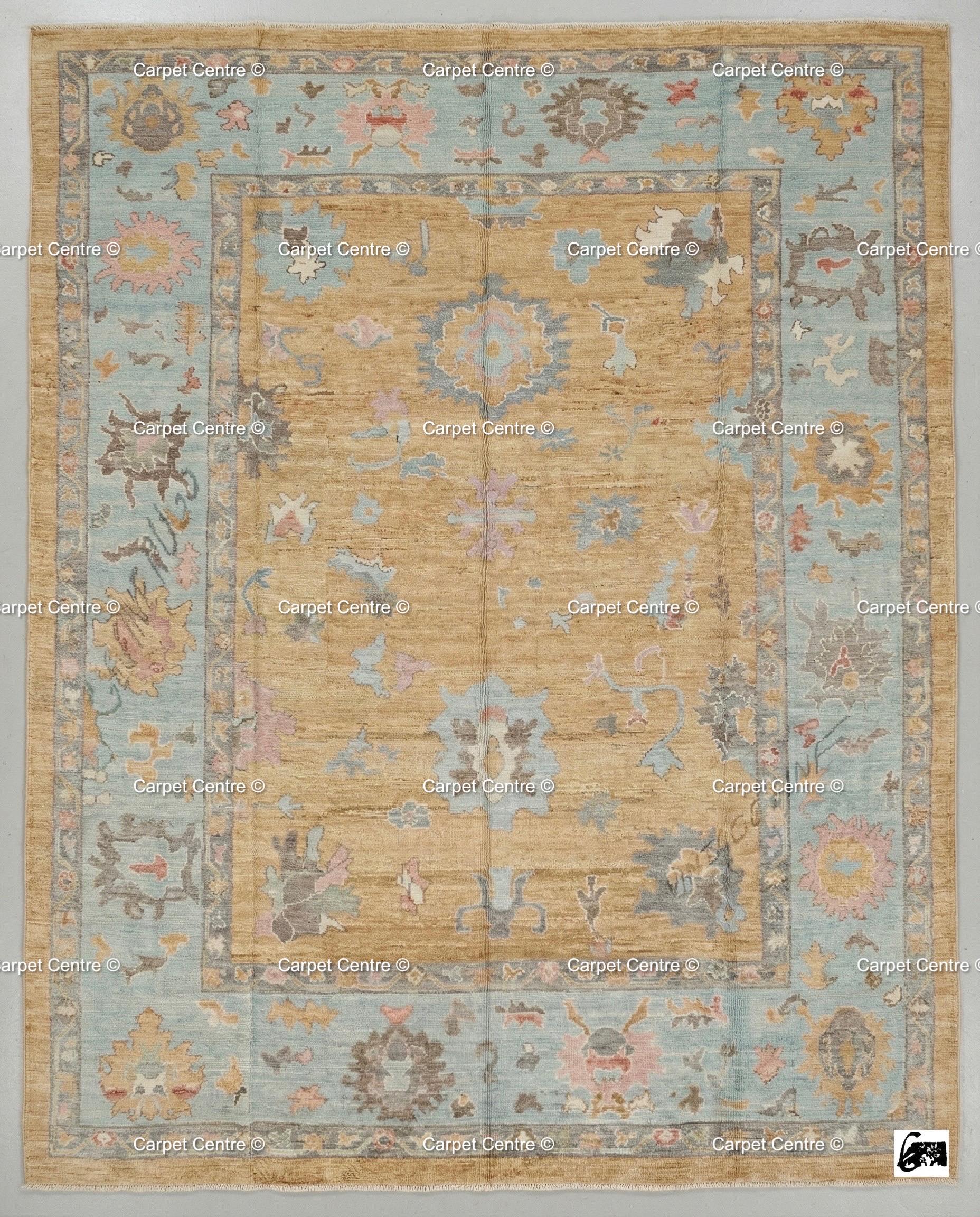 Hand-Knotted Wool Oushak Rug, Yellow Field, Blue Floral Border