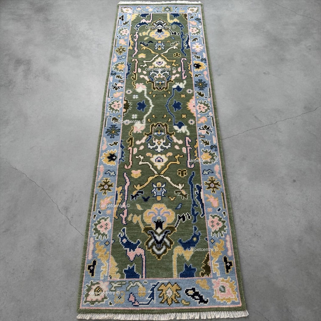 Sage Green Oushak Wool Runner, Floral Hallway Rug, Boho Kitchen Mat
