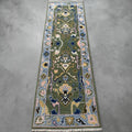 Sage Green Oushak Wool Runner, Floral Hallway Rug, Boho Kitchen Mat