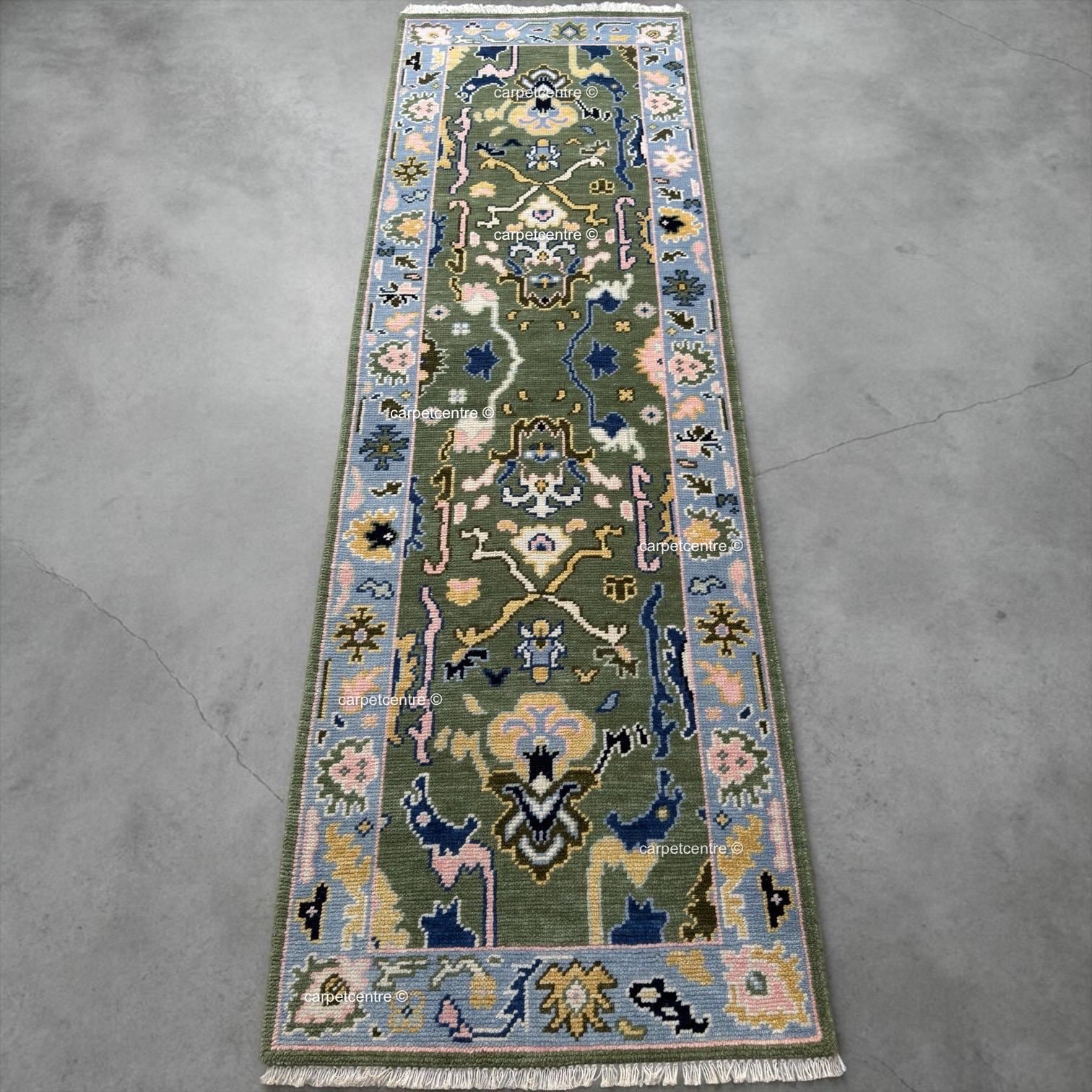 Sage Green Oushak Wool Runner, Floral Hallway Rug, Boho Kitchen Mat