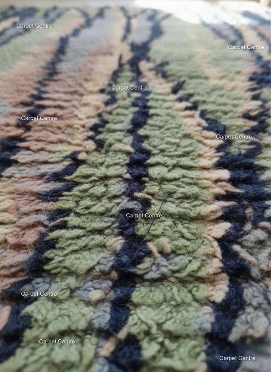 Handmade Moroccan Shag Rug, Navy Blue, Sage Green, Wool Tulu Rug