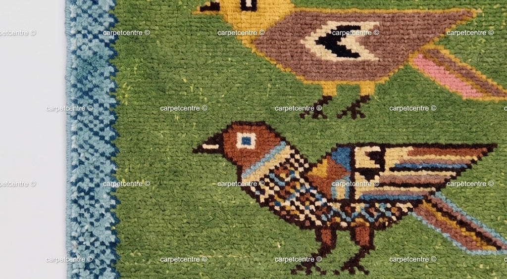 Handmade Wool Runner Rug, Folk Art Bird Design, Olive Green Carpet, Custom Sizes