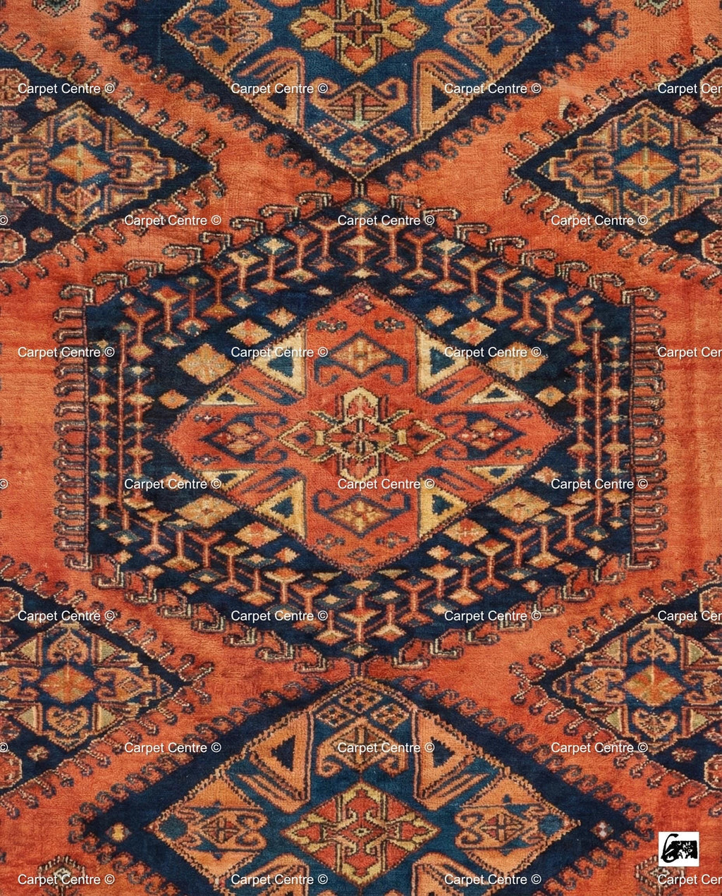 Terracotta Oushak Wool Rug, Rust Orange & Navy Blue, Hand Knotted