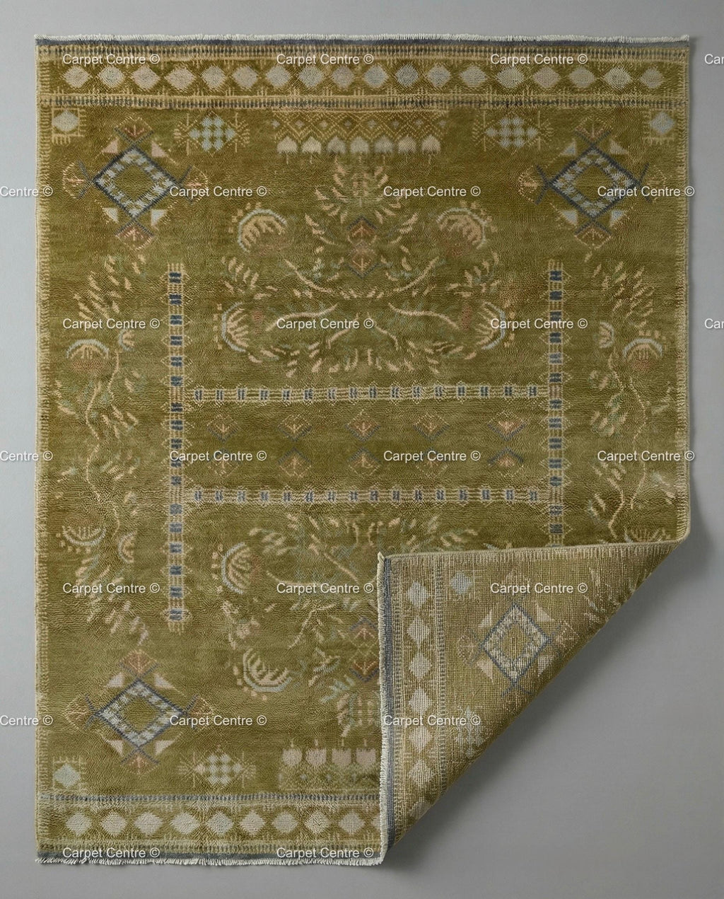 Hand-Knotted Olive Green Wool Oushak Rug 8x10 | Vintage Turkish Low Pile Carpet