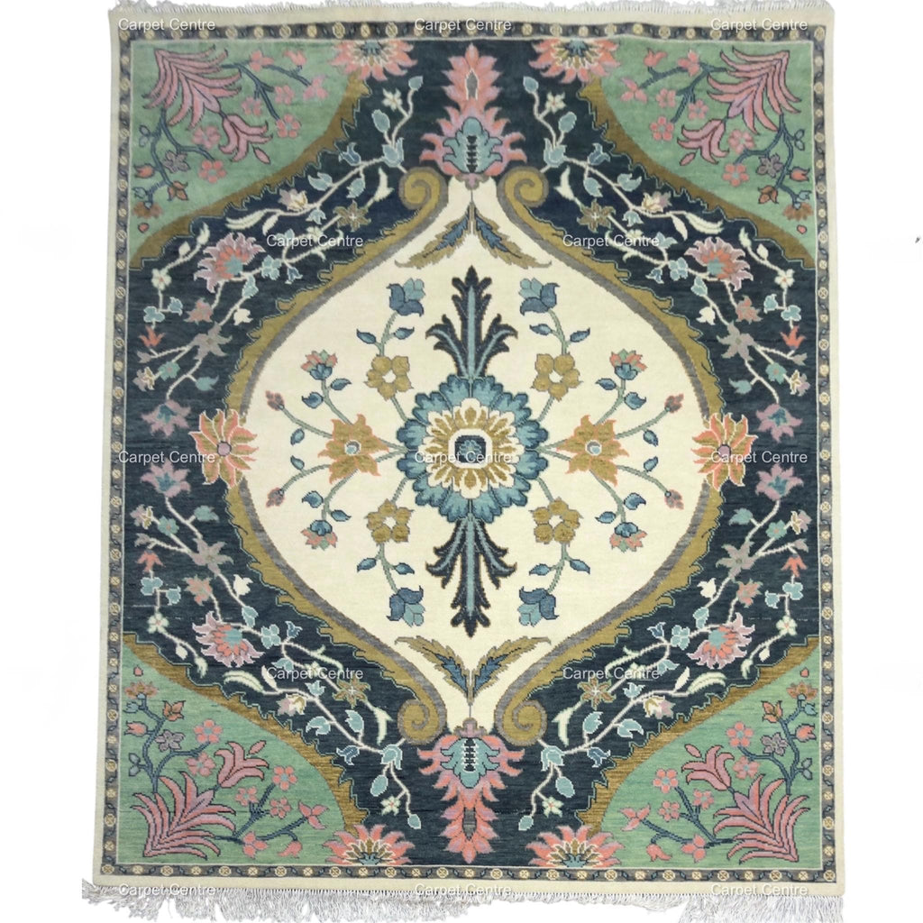 Handwoven Oushak Wool Rug, Ivory, Navy, Sage Green, (8x10)