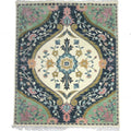 Handwoven Oushak Wool Rug, Ivory, Navy, Sage Green, (8x10)