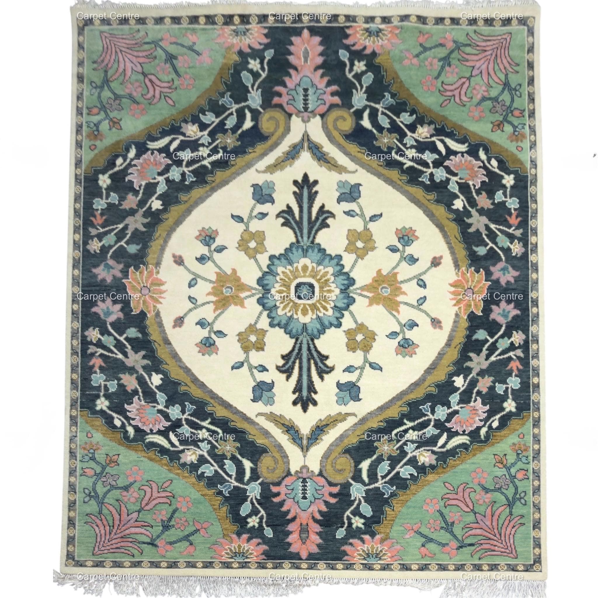 Handwoven Oushak Wool Rug, Ivory, Navy, Sage Green, (8x10)