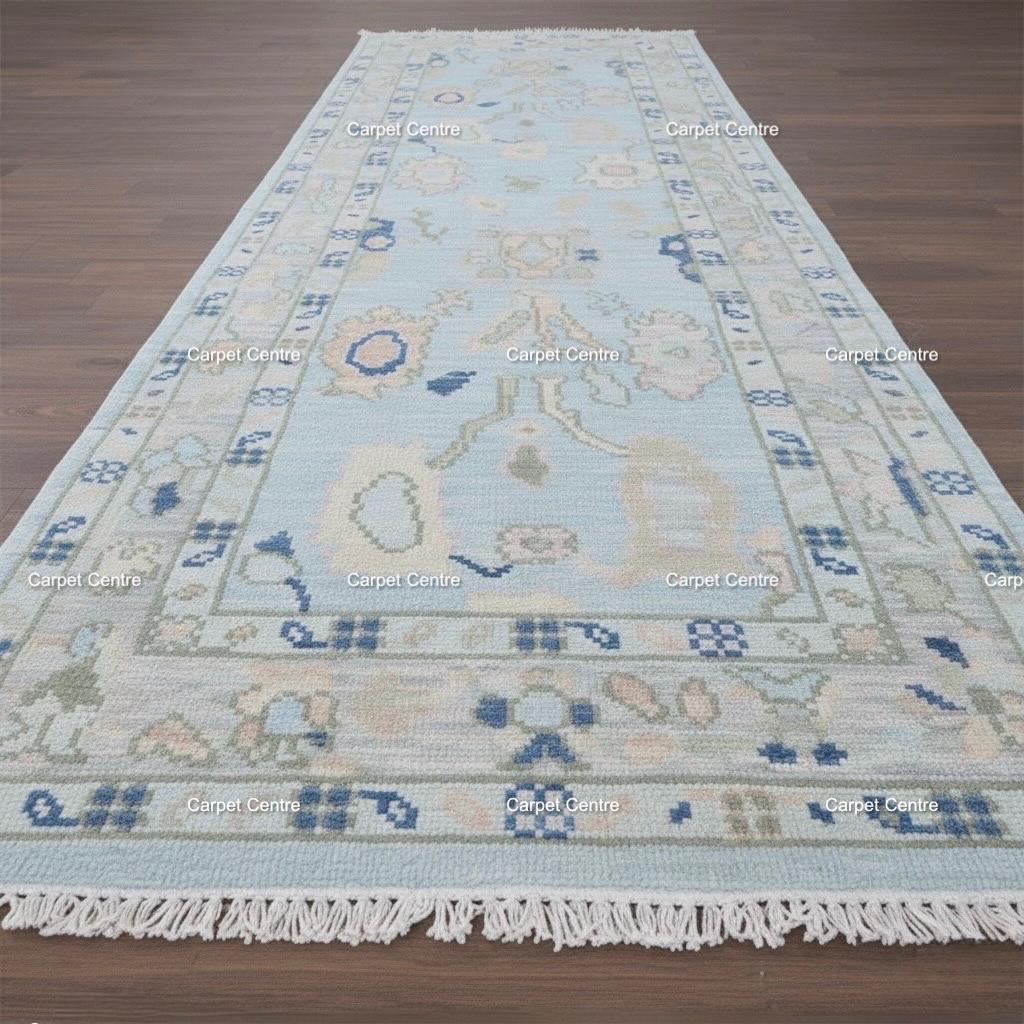 Hand-Knotted Oushak Wool Runner Rug: Pale Blue Floral Medallion