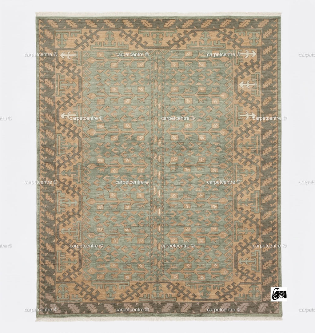 Hand Knotted Oushak Rug: Sage Green Tribal Wool, Turkish Artisan Design