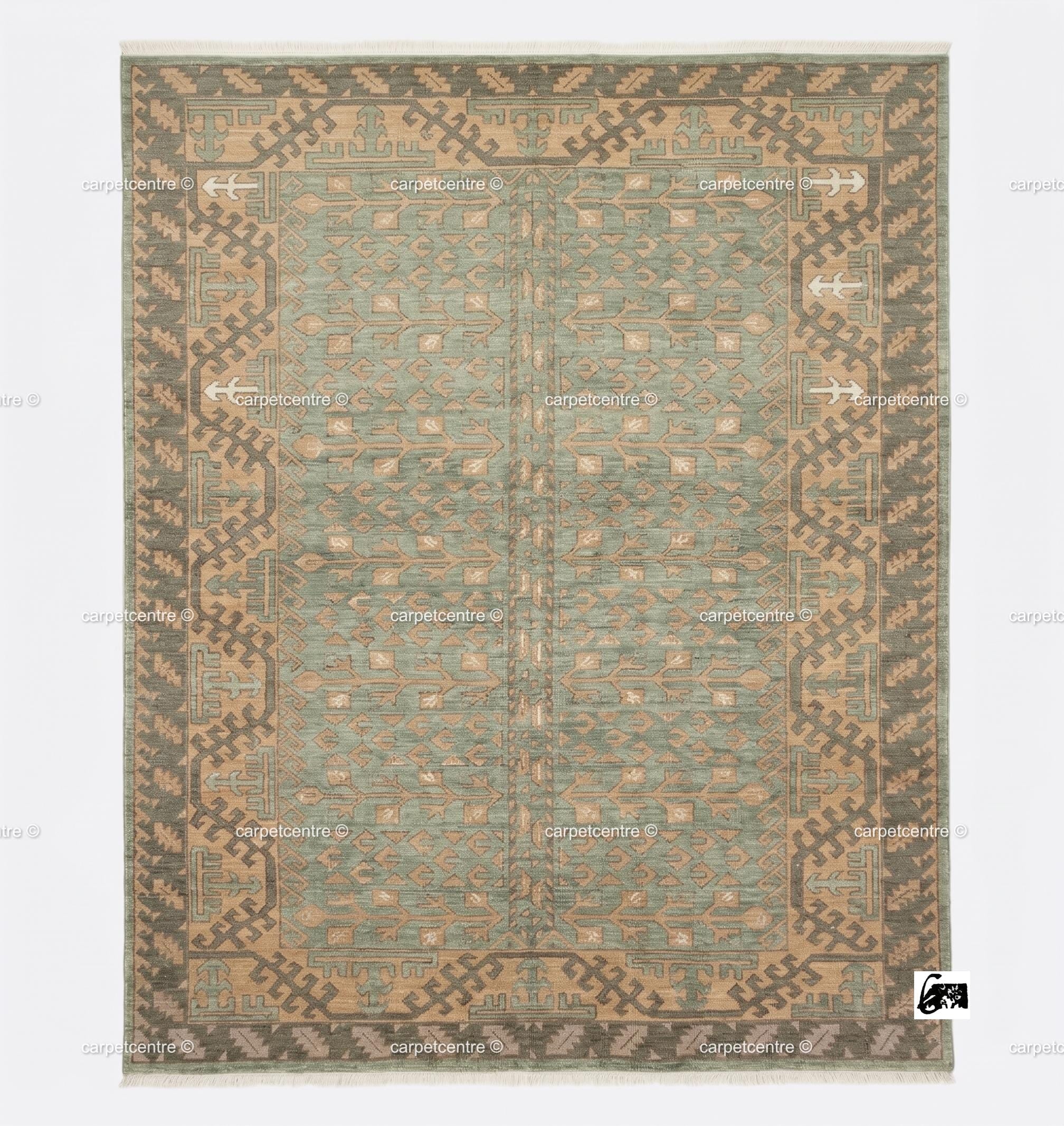 Hand Knotted Oushak Rug: Sage Green Tribal Wool, Turkish Artisan Design