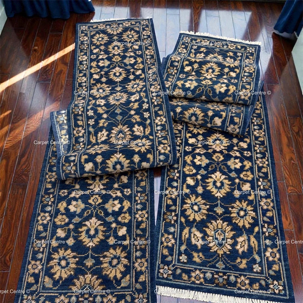 Hand-Knotted Wool Runner Rug | Navy Blue Oushak Floral Hallway Carpet