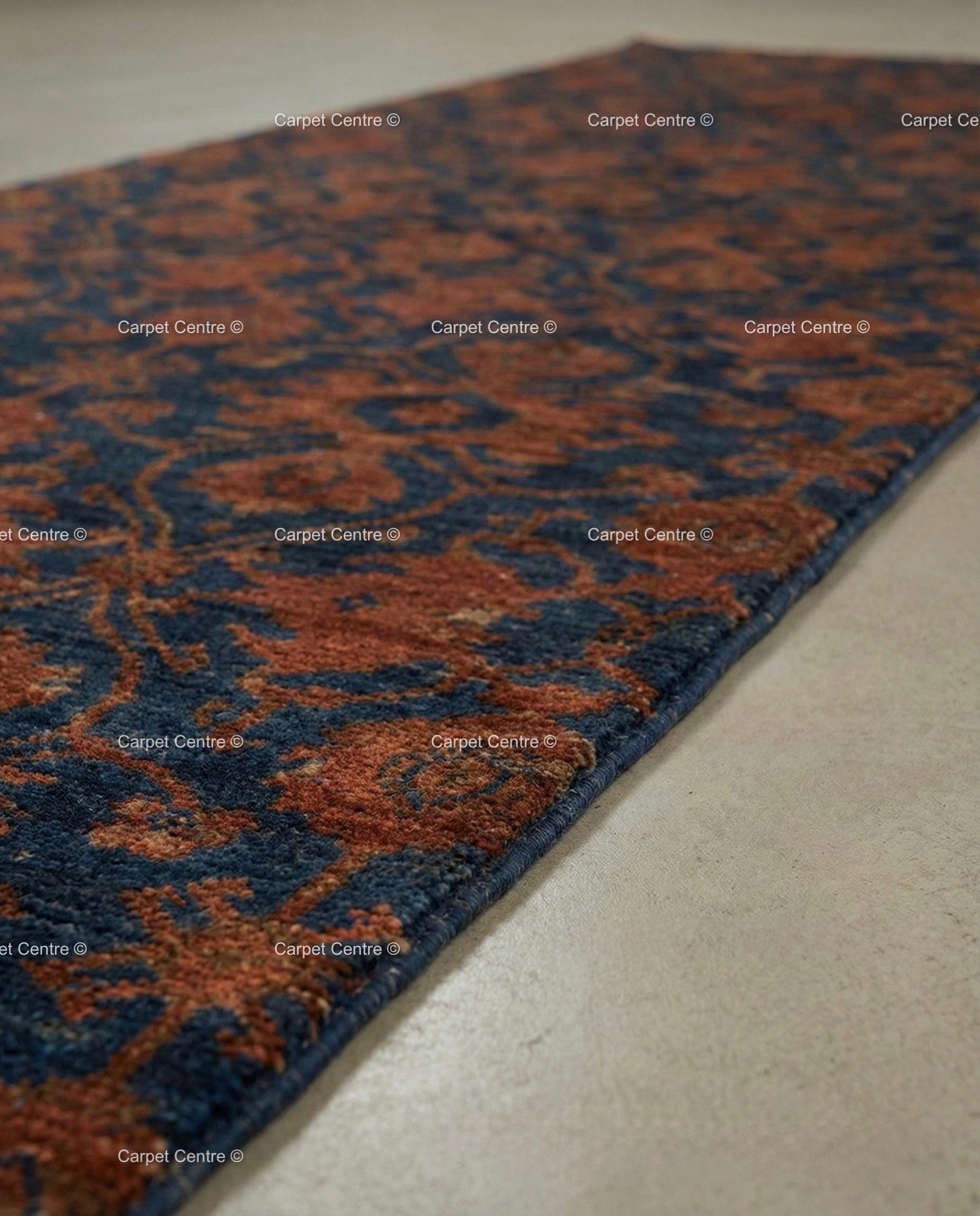 Hand Knotted Wool Rug, Navy Blue Oushak Runner, William Morris Style
