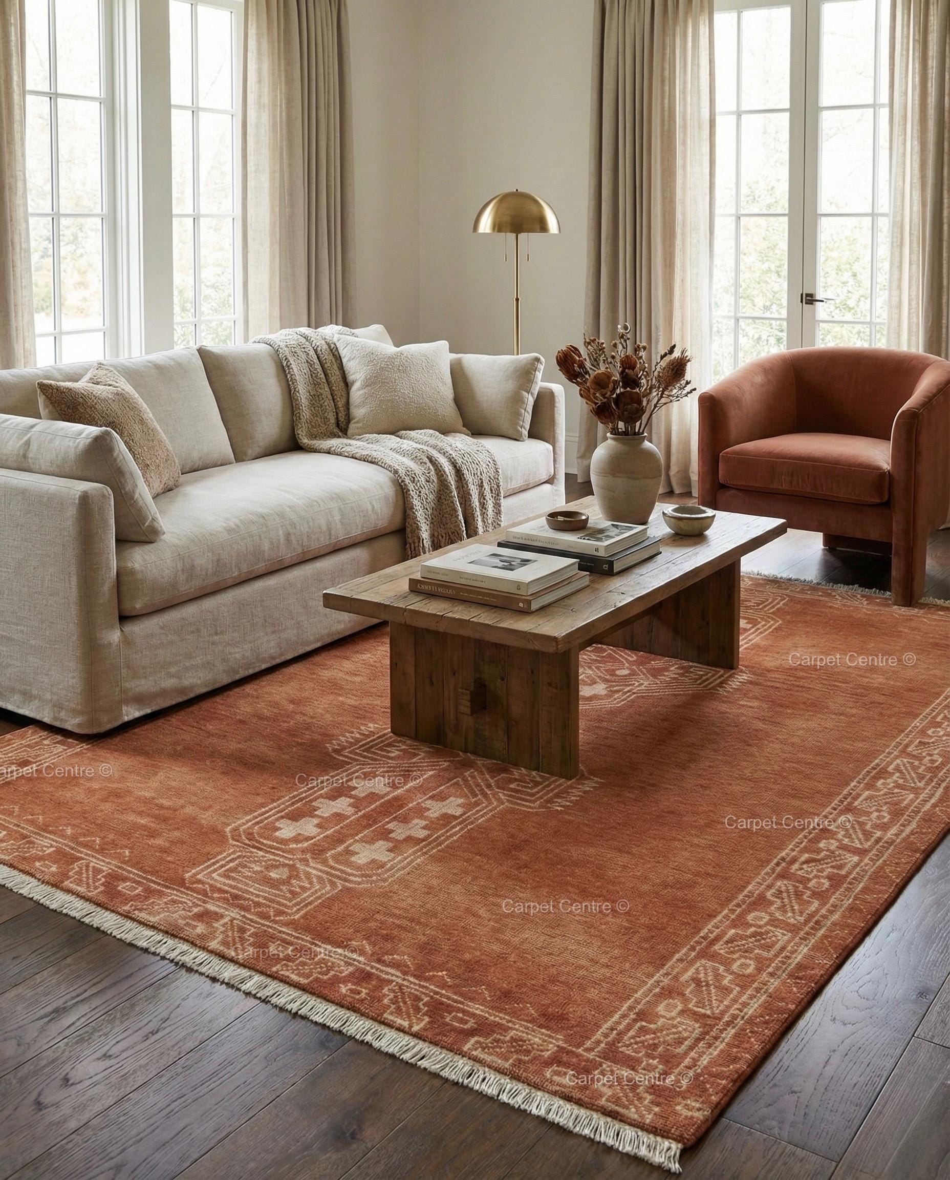 Burnt Orange Oushak Rug, Rust Cream Geometric Turkish Carpet, Boho Living Room 8x10 9x12