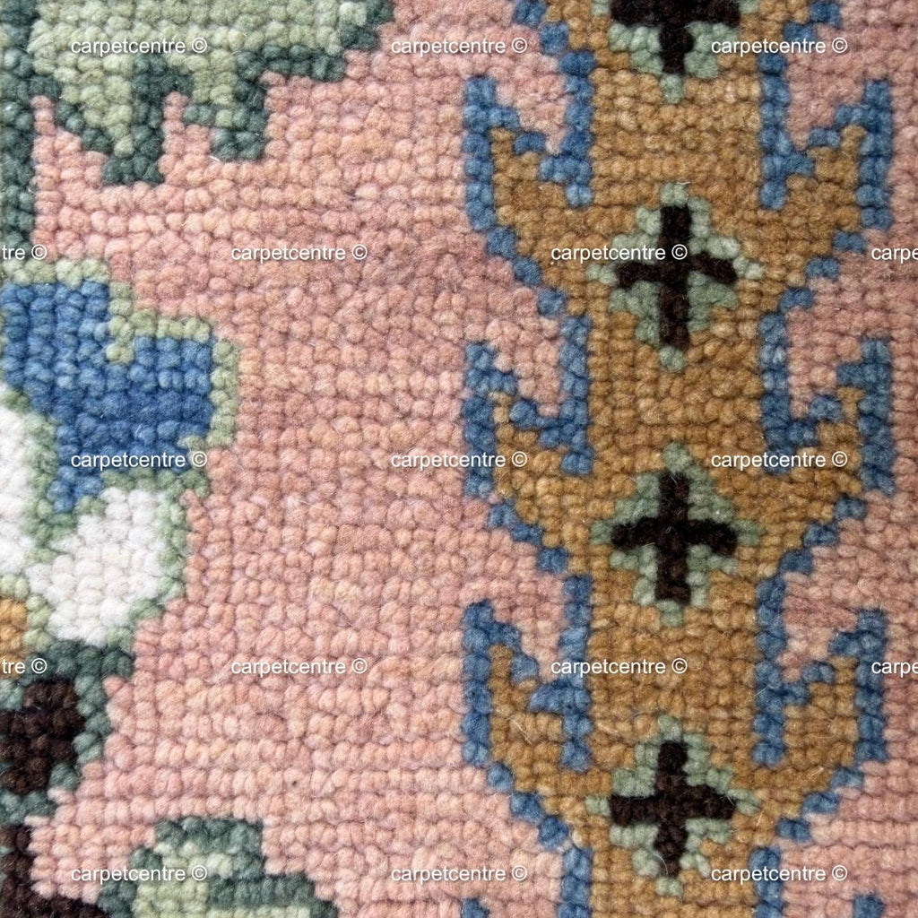 Handmade Wool Runner Rug: Pink and Green Oushak Tree of Life Design