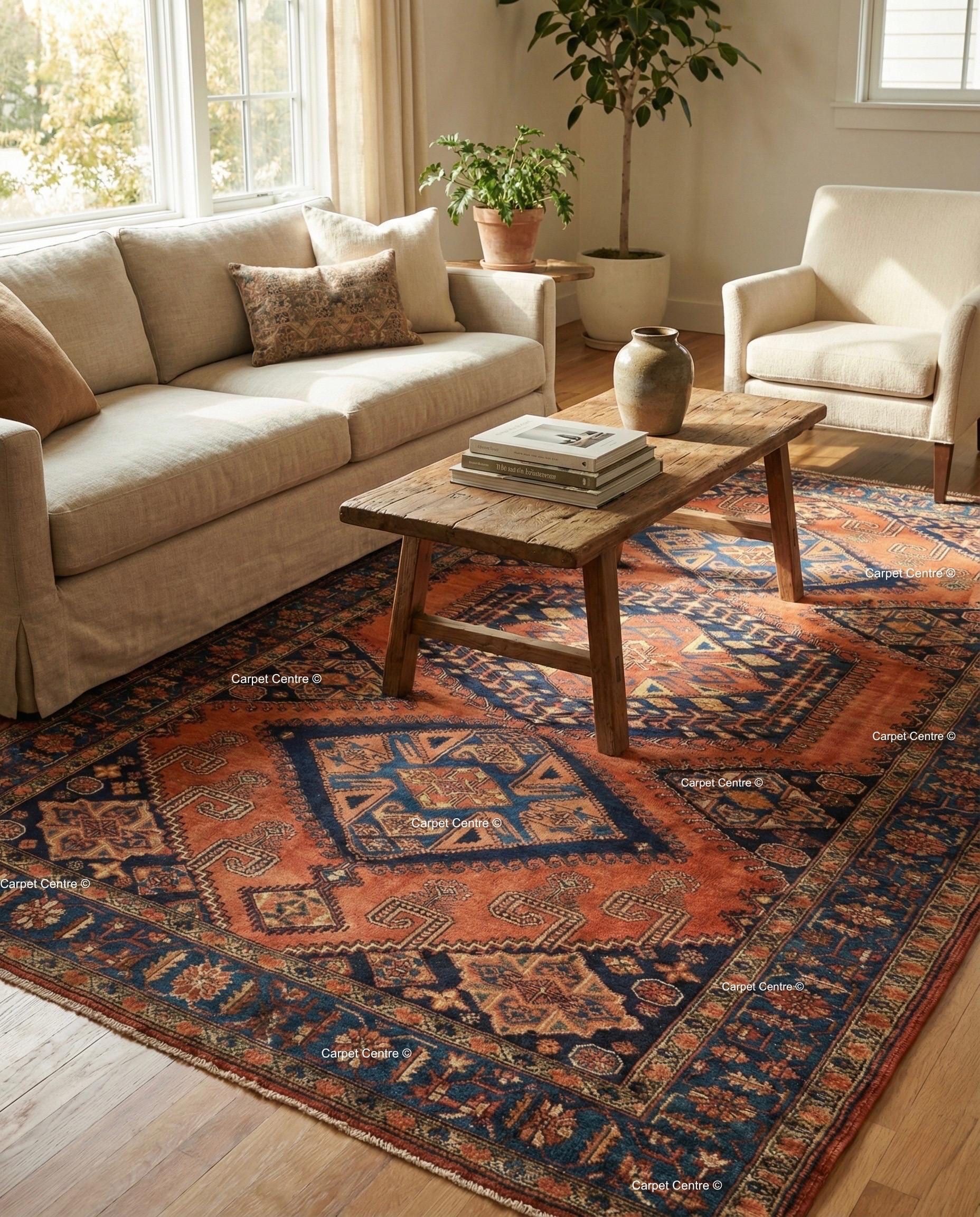 Terracotta Oushak Wool Rug, Rust Orange & Navy Blue, Hand Knotted