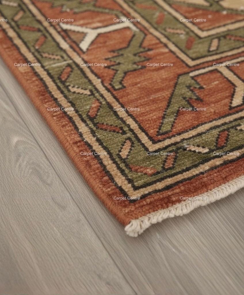 Hand-Knotted Oushak Wool Rug, Rust Terracotta Olive Green, Geometric Tribal Design