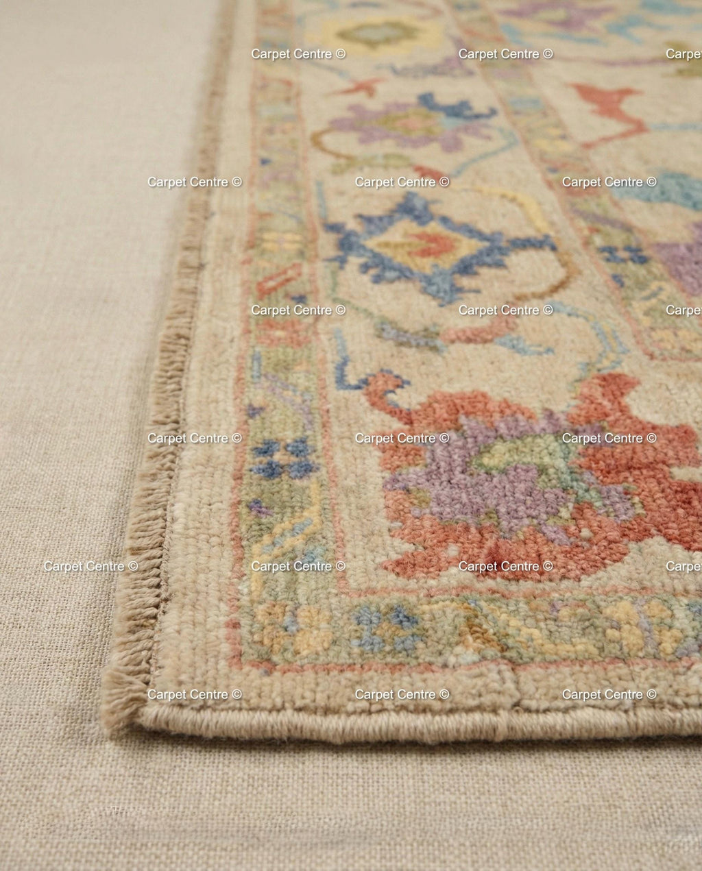 Hand Knotted Wool Oushak Rug – Beige & Pastel Floral, Turkish Knot